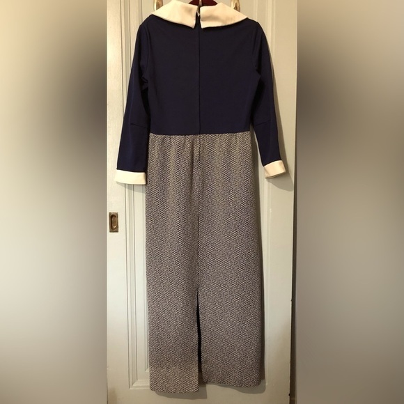 ⭐️🌟TRUE Vintage 70s Maxi Granny Dress Blue Poly Tweed White Trim XL - Picture 4 of 10